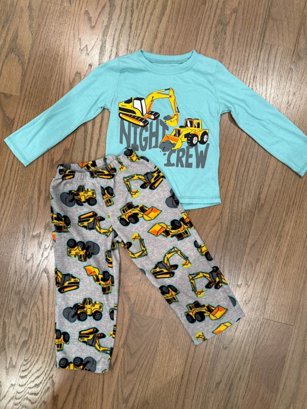 Kids Construction Truck Pajama Set - Teal Top & Gray Pants glow in the dark